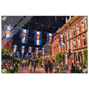 May include: A street scene featuring rows of blue, white, and yellow Colorado state flags hanging above a pedestrian walkway between brick buildings. String lights are draped across the sky, and people are walking along the paved street.