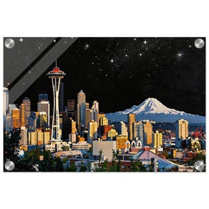 May include: A painting of the Seattle skyline at night, featuring the Space Needle and a mountain range under a starry sky. Buildings are illuminated with warm colours. The artwork is mounted with metal fixings.
