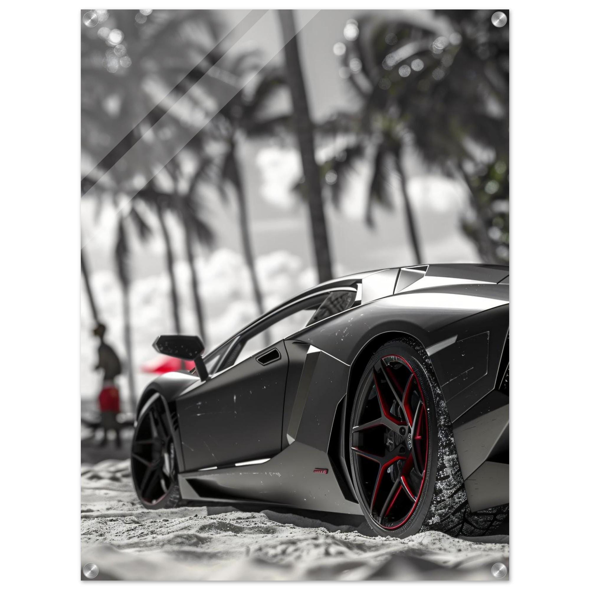 Lamborghini Aventador Acrylic Wall Art – Matte Black Supercar Photo, Tropical Beach Decor, Modern Car Art, Gift for Lambo Lovers