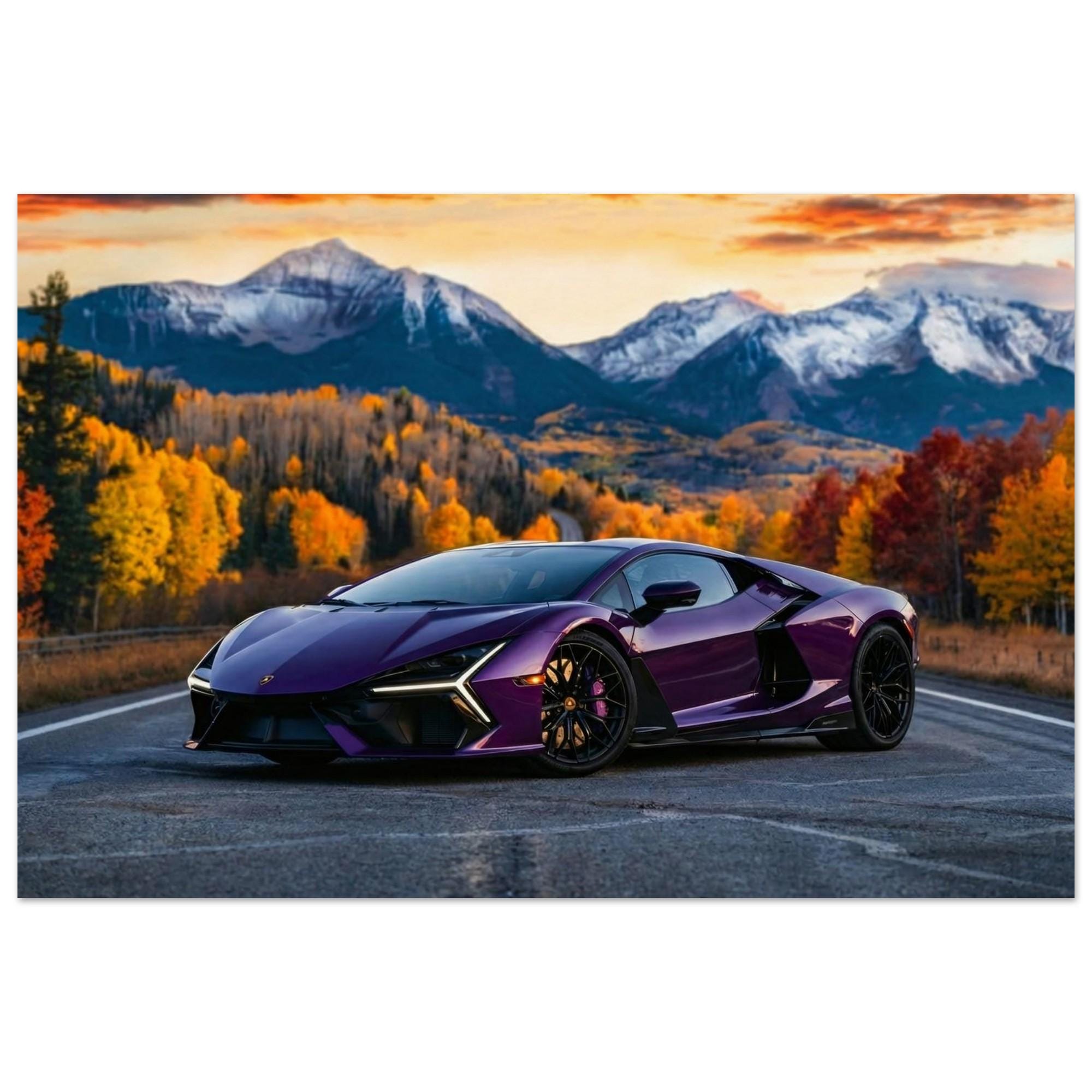 Lamborghini Revuelto Wall Art | Purple Supercar Mountain Print