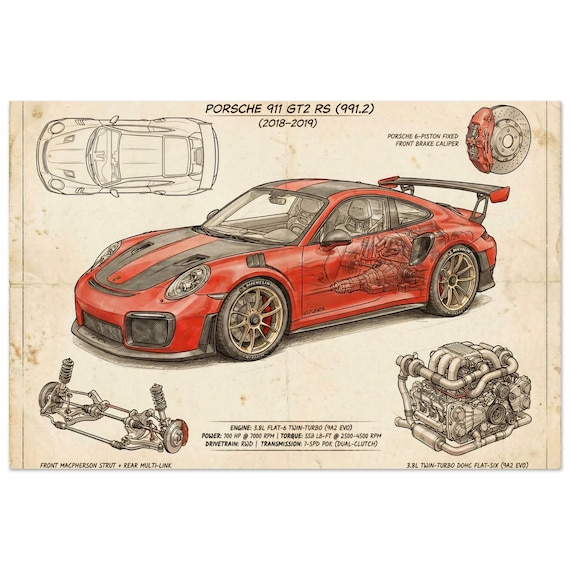 Porsche 911 GT2 RS Blueprint Wall Art | 991.2 Cutaway Print