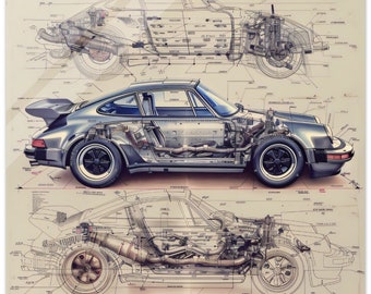 Porsche 911 Blueprint Wall Art – Acrylic Glass Print, Modern Car Decor, Gift for Car Lovers, Garage or Office Art, Unique Porsche Gift