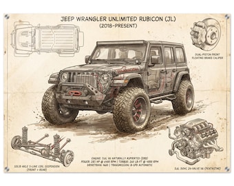 Jeep Wrangler Rubicon Blueprint Wall Art | JL Unlimited Cutaway Poster | Jeep Garage Decor | Off Road Car Gift