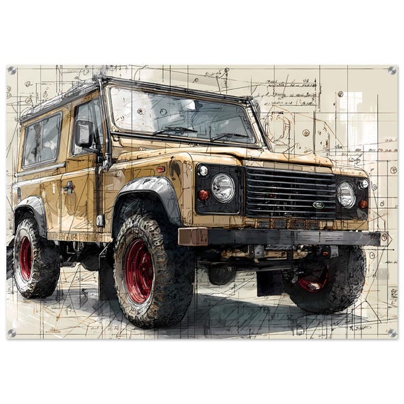 Land Rover Defender Acrylic Print – Tan & Black 1995 4x4 Blueprint