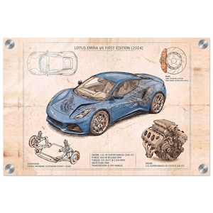 Blue Lotus Emira V6 Wall Art | First Edition Blueprint Poster | Mid Engine Sports Car Print | Automotive Garage Decor | Gift for Car Guy