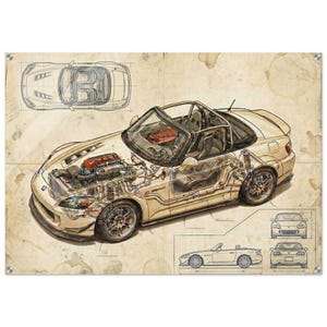May include: An artistic print of a cream-colored sports car with cutaway views revealing the engine and interior details. The print includes top, side, front, and rear views, all rendered in a blueprint style on a vintage paper background.