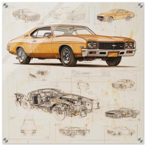 1972 Chevy Malibu Glass Wall Art | 1972 Chevy Malibu Blueprint Wall Art | Car Lovers Gifts