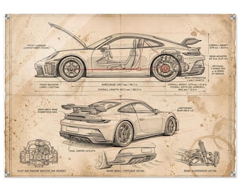 キャンバスプリント - ポルシェ 911 GT3 RS - 詳細な技術図面 ネイビー