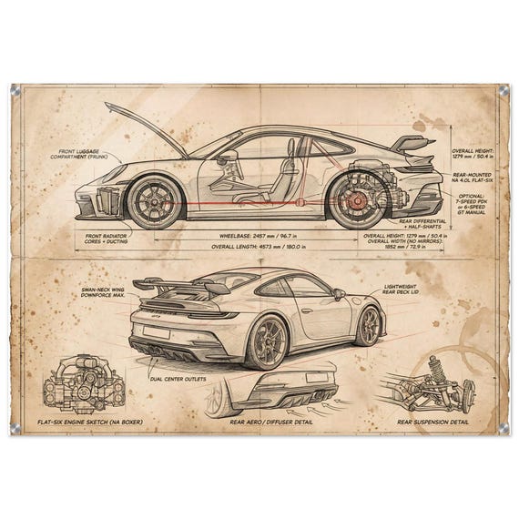 Porsche 911 GT3 RS Blueprint Wall Art | Porsche Technical Drawing
