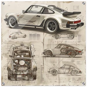 May include: A technical blueprint poster featuring a white sports car in a three-quarter rear view, accompanied by multiple line-art sketches showing side profiles and an exposed engine view of the same vehicle on a weathered, aged paper background.