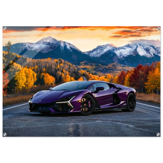 Lamborghini Revuelto Wall Art | Purple Supercar Mountain Print