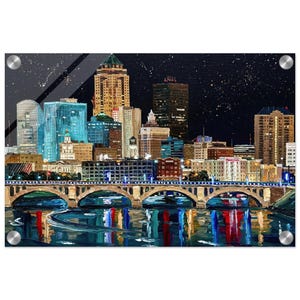 May include: A painting of a city skyline at night, with a bridge over a river. The artwork features a dark blue and black night sky with stars. The bridge is in the foreground, and the buildings are illuminated with various colours.