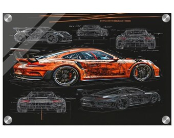 Porsche 911 GT3 RS Acrylic Wall Art, Porsche Blueprint Glass Print