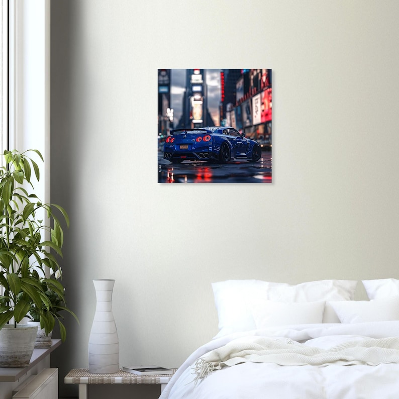 Nissan GT-R R35 Premium Matte Poster - Blue Supercar in Rainy Night ...