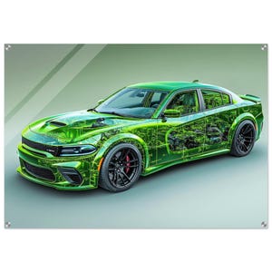 Peut inclure: Illustration verte d'une voiture avec une vue en coupe, révélant les composants internes. La voiture a des roues noires avec des étriers de frein rouges. Le fond est un dégradé de vert et de gris.