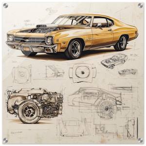 1972 Chevy Malibu Glass Wall Art | 1972 Chevy Malibu Blueprint Wall Art | Car Lovers Gifts