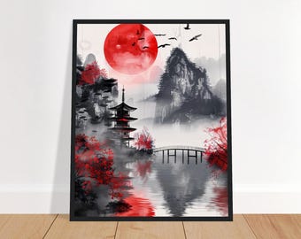 Japanese Ink Wash Wall Art | Red Sun Pagoda Print | Zen Mountain Landscape Poster | Japandi Black Red Decor | Asian Art Gift