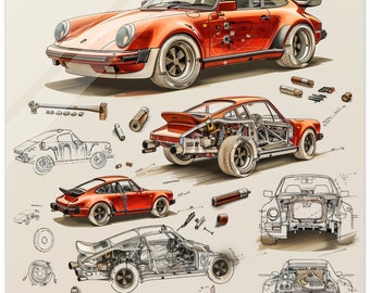 Porsche 911 Blueprint Wall Art – Acrylic Glass Print, Modern Car Decor, Sports Car Gift, Garage or Office Art, Unique Porsche Gift