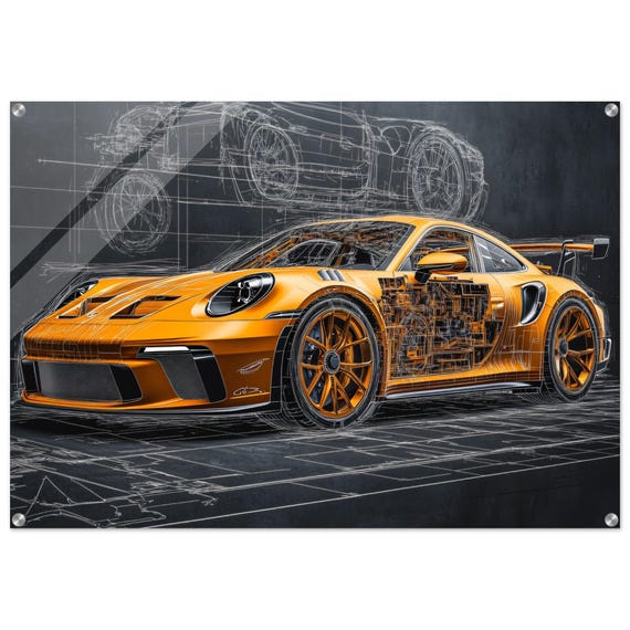 Porsche 911 GT3 RS Acrylic Wall Art – Orange Supercar Blueprint