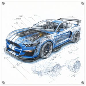 Ford Mustang Glass Wall Art | Ford Mustang Blueprint Wall Art | Car Lovers Gifts