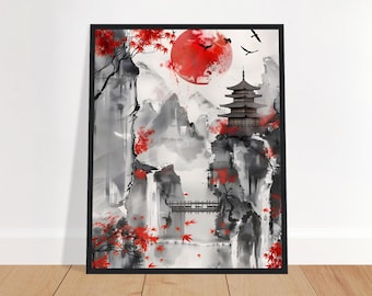 Japanese Zen Wall Art | Sumi-e Ink Painting Print | Red Sun Pagoda Mountain Poster | Japandi Minimalist Decor | Asian Wall Art Gift
