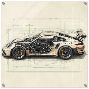 Porsche 911 Glass Wall Art | Porsche 911 Blueprint Wall Art | Porsche Blueprint | Porsche 911 Car Lovers Gifts