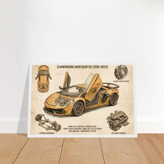 Lamborghini Aventador SVJ Blueprint Wall Art | V12 Supercar