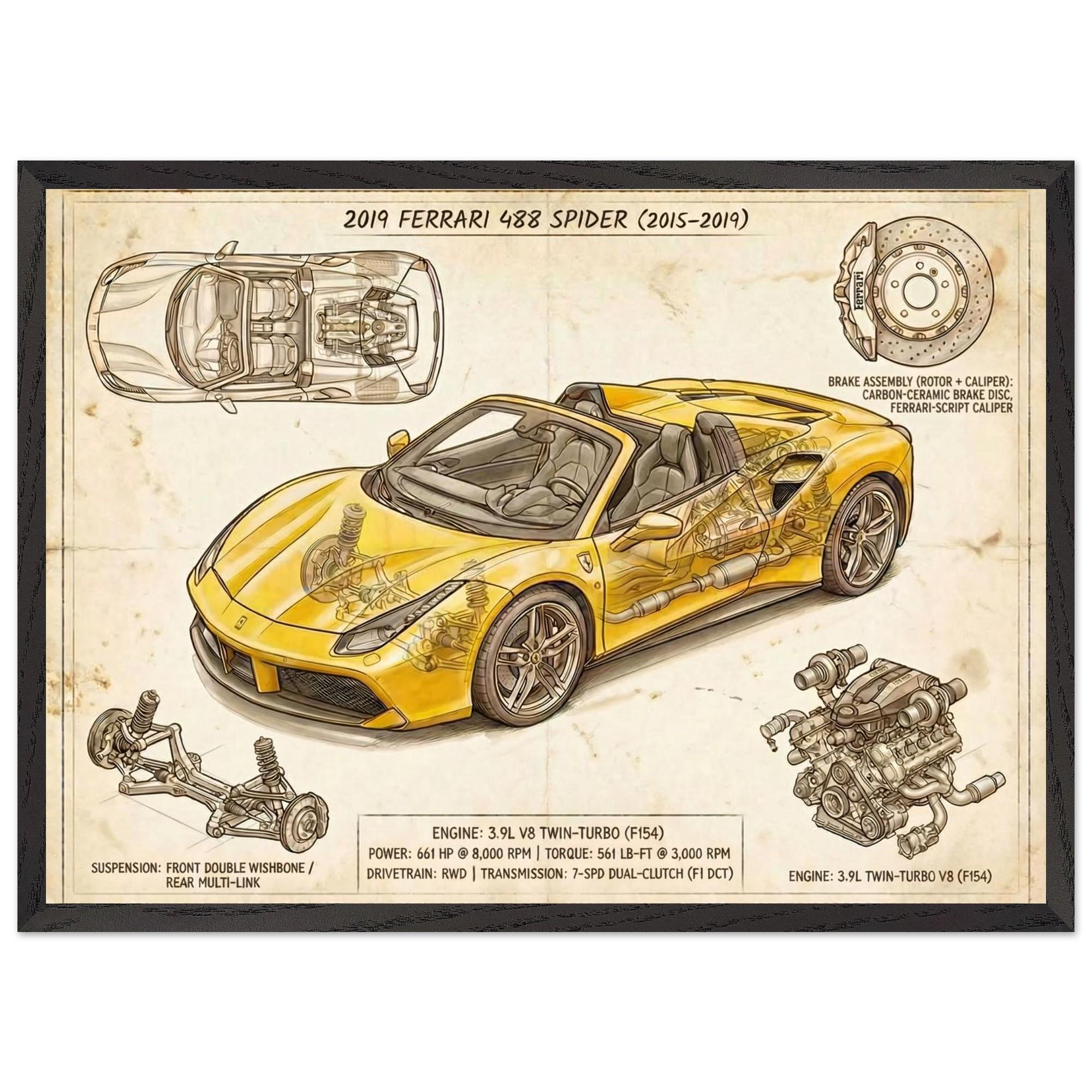Ferrari 488 Spider Wall Art | Vintage Blueprint Cutaway Print