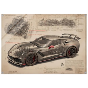 Corvette ZR1 Acrylic Wall Art – Technical Blueprint Print, Modern Car Decor, Supercar Garage Art, Gift for Car Lovers