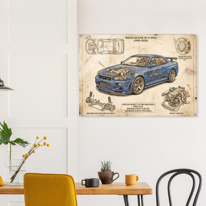 Car Bulprint Gt R R34 Nissan Skyline GT-R R34 Blueprint Acrylic Print | JDM Legend Wall Art ...