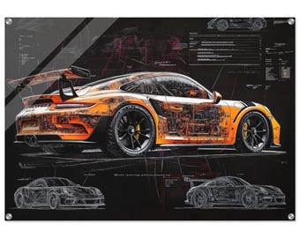 ポルシェ911 GT3 RS ウォールアート | カットアウェイ設計図ポスター