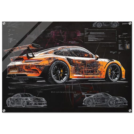 ポルシェ911 GT3 RS ウォールアート | カットアウェイ設計図ポスター