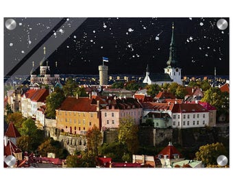 Tallinn Estonia Wall Art | Old Town Palette Knife Oil Painting | Toompea Hill Night Skyline Poster | Eastern Europe Decor | Estonia Gift