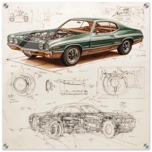 1972 Chevy Malibu Glass Wall Art | 1972 Chevy Malibu Blueprint Wall Art | Car Lovers Gifts