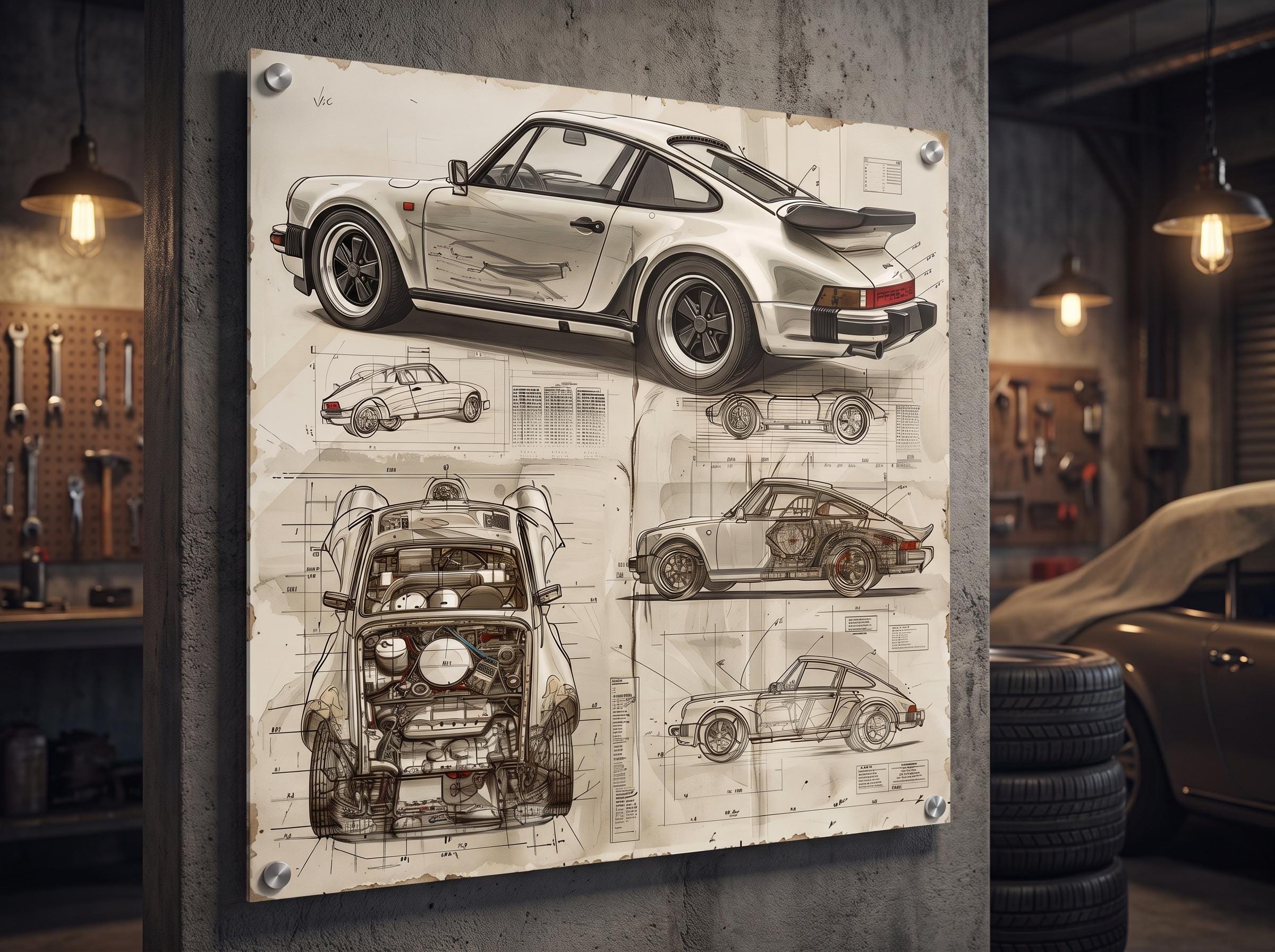 ポルシェ911設計図ウォールアート｜ビンテージカットアウェイ図面