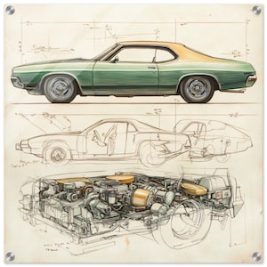 1972 Chevy Malibu Glass Wall Art | 1972 Chevy Malibu Blueprint Wall Art | Car Lovers Gifts