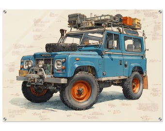 1995 Land Rover Defender Wall Art | Classic Technical Drawing Print | Blueprint Engineering Art | Garage Man Cave Decor