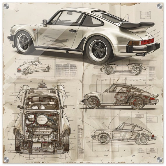 ポルシェ911設計図ウォールアート｜ポルシェ技術図面プリント｜設計図