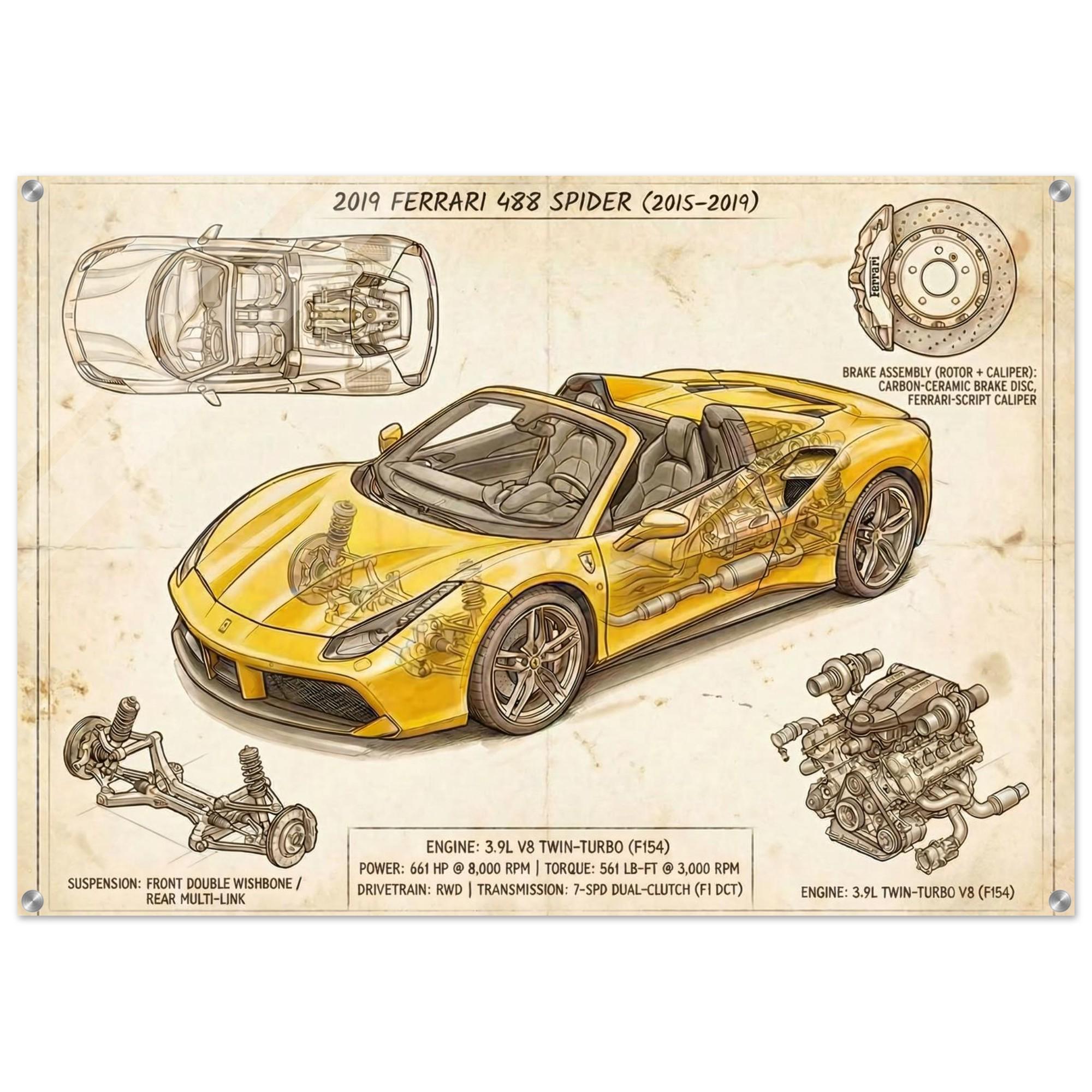Ferrari 488 Spider Wall Art | Vintage Blueprint Cutaway Print