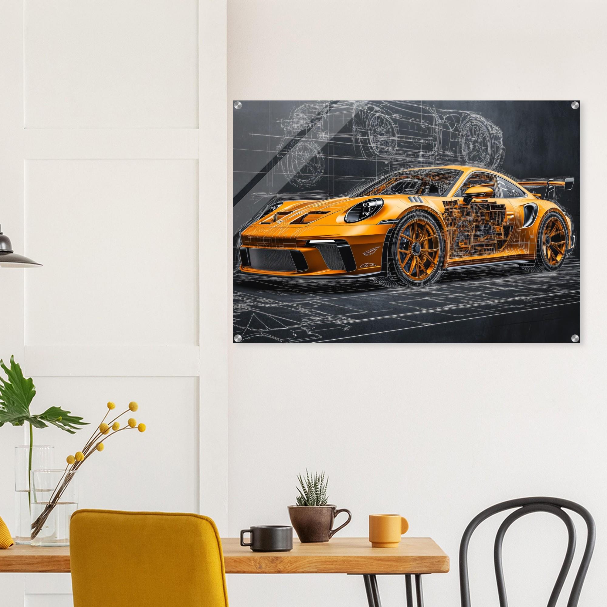 Porsche 911 GT3 RS Acrylic Wall Art – Orange Supercar Blueprint