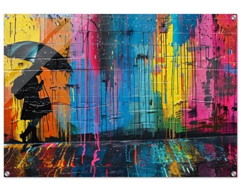 Colored Rain Banksy Style Acrylic Print – Modern Street Art Wall Decor, Urban Graffiti Art for Home, Banksy-Inspired Gift