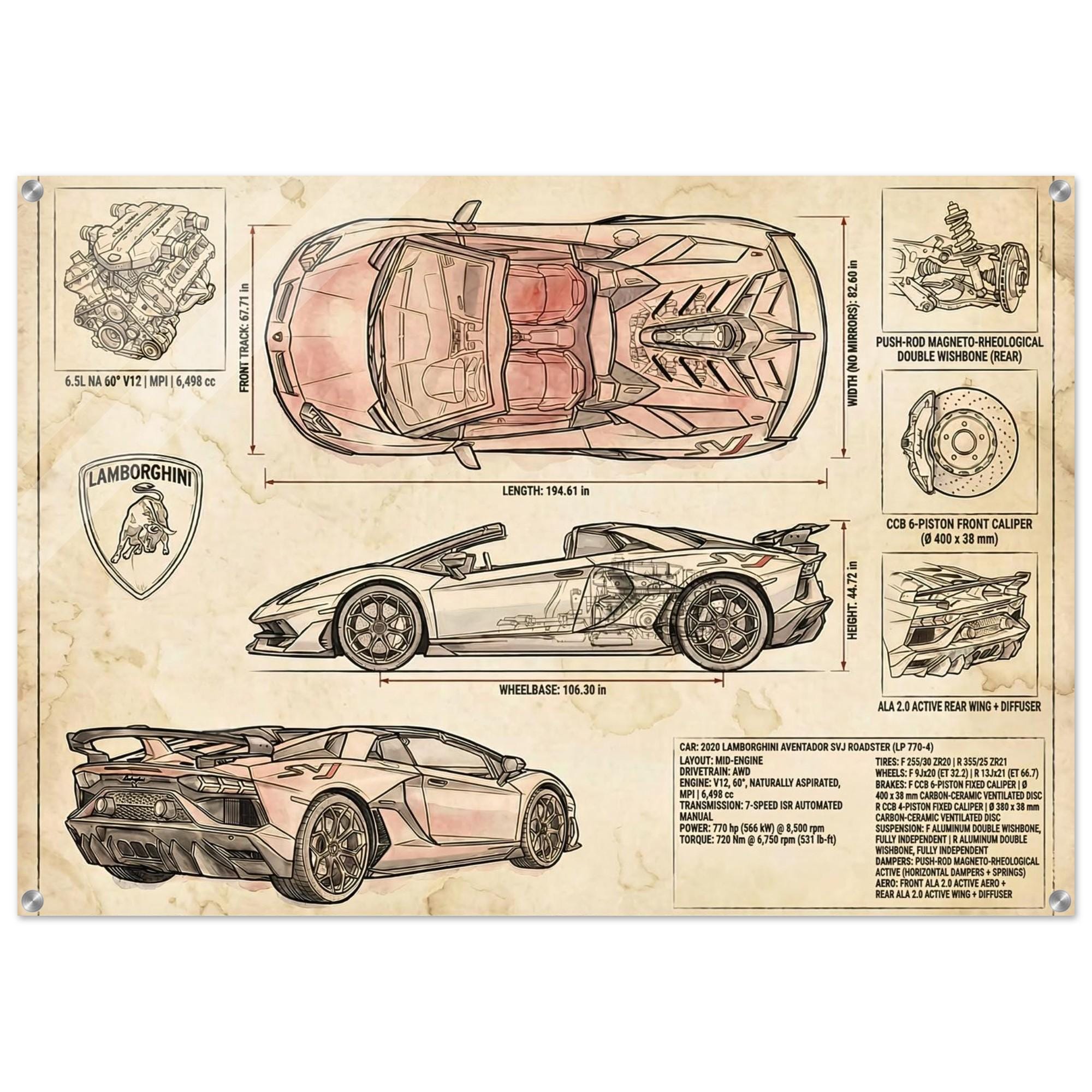 Aventador SVJ Wall Art | Vintage Blueprint Poster | Lamborghini
