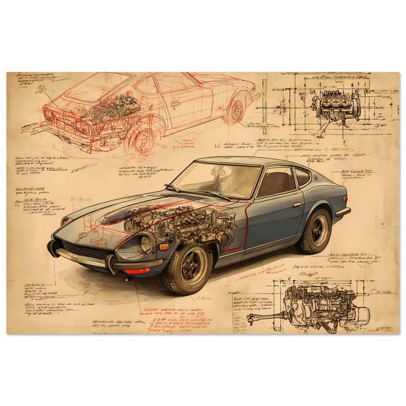絵画　インテリア Datsun 240Z Blueprint Wall Art | Classic JDM Car Cutaway Poster