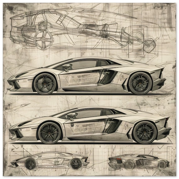 Lamborghini 車両スケッチ A3サイズ Lamborghini Aventador Wall Art | Vintage Blueprint Poster
