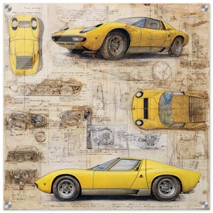 May include: A yellow sports car is depicted in multiple views, including top, side, and front perspectives, against a backdrop of technical drawings. The car's design is highlighted, showcasing its sleek lines and details. The artwork has a vintage aesthetic.