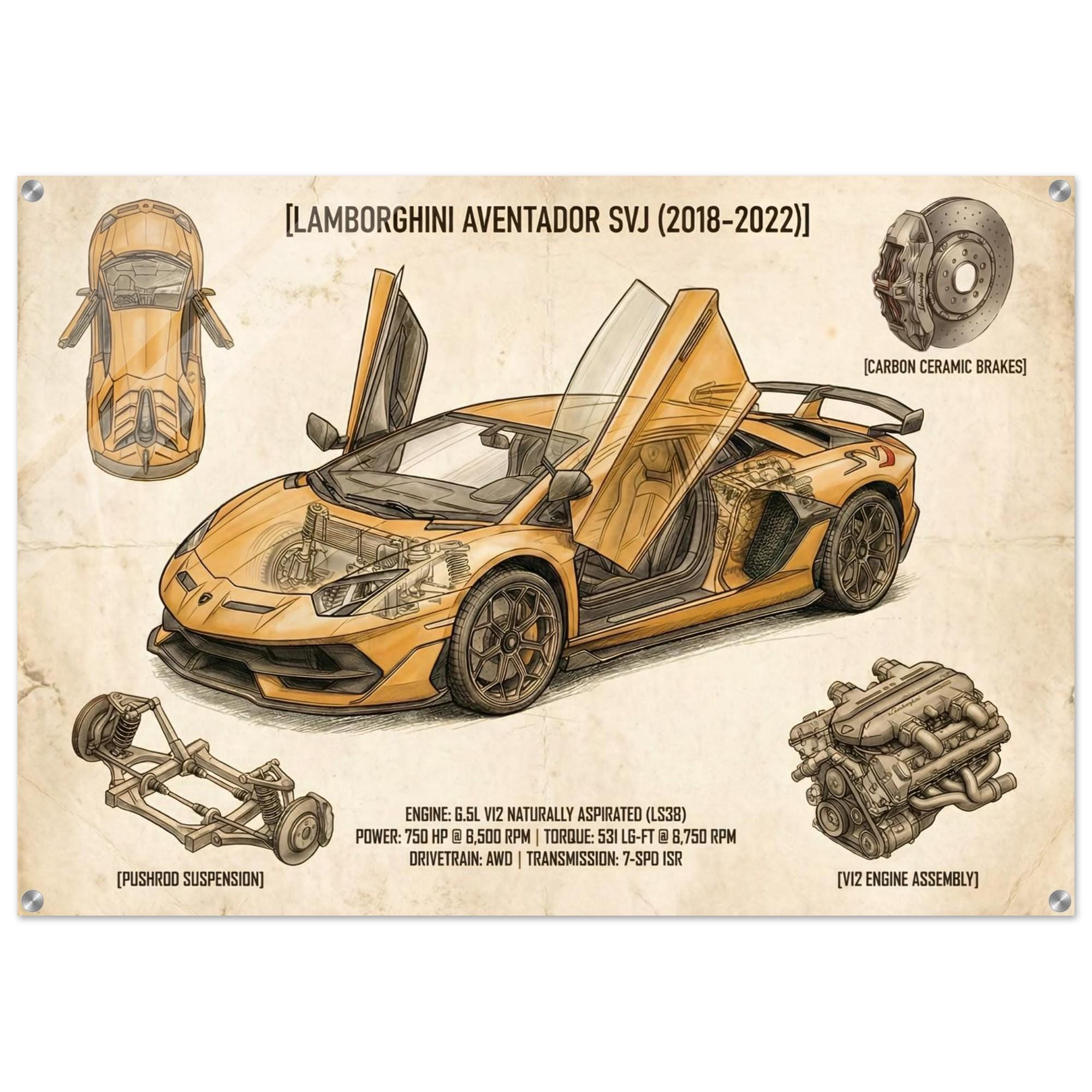 Lamborghini Aventador SVJ Blueprint Wall Art | V12 Supercar