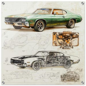 1972 Chevy Malibu Glass Wall Art | 1972 Chevy Malibu Blueprint Wall Art | Car Lovers Gifts