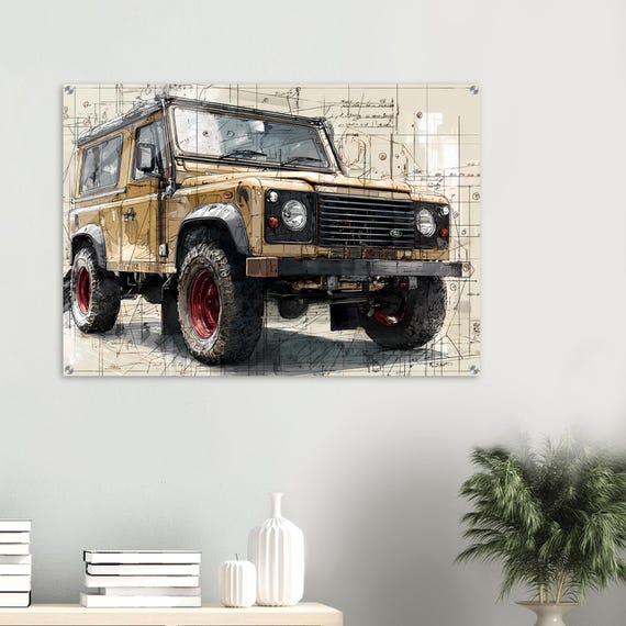 Land Rover Defender Acrylic Print – Tan & Black 1995 4x4 Blueprint