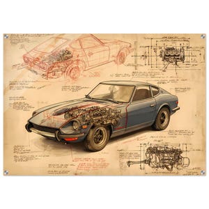 May include: A vintage-style print featuring a blue sports car with a cutaway view of its engine, alongside detailed schematics and diagrams. The artwork is set against a parchment-like background, showcasing the car's mechanics.
