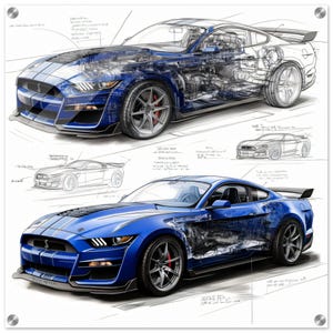 May include: Two illustrations of a blue sports car, one showing the car's internal components. The car has a black spoiler, silver wheels, and red brake calipers. The top image is a semi-transparent view of the car's internal mechanics.